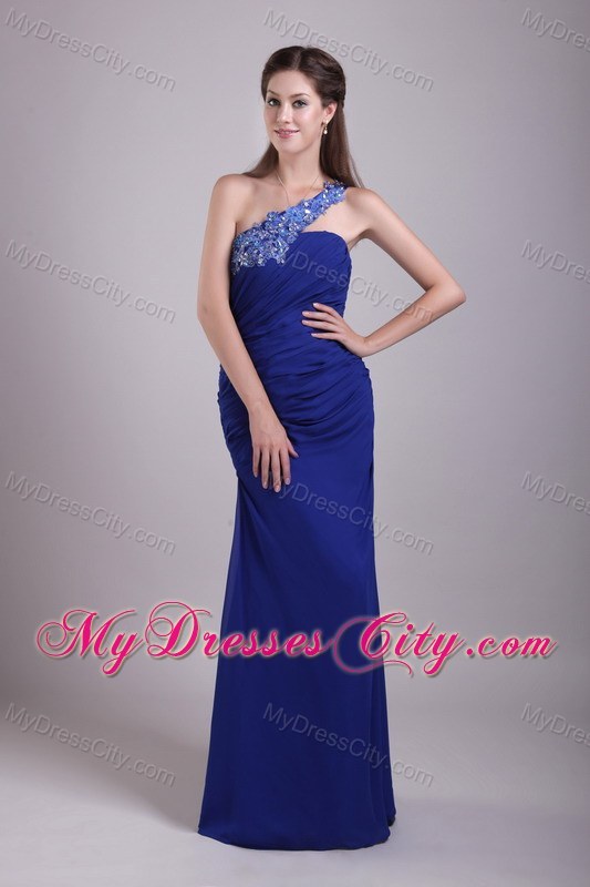 Latest Blue One Shoulder Appliques Pageant Dress with Beadings