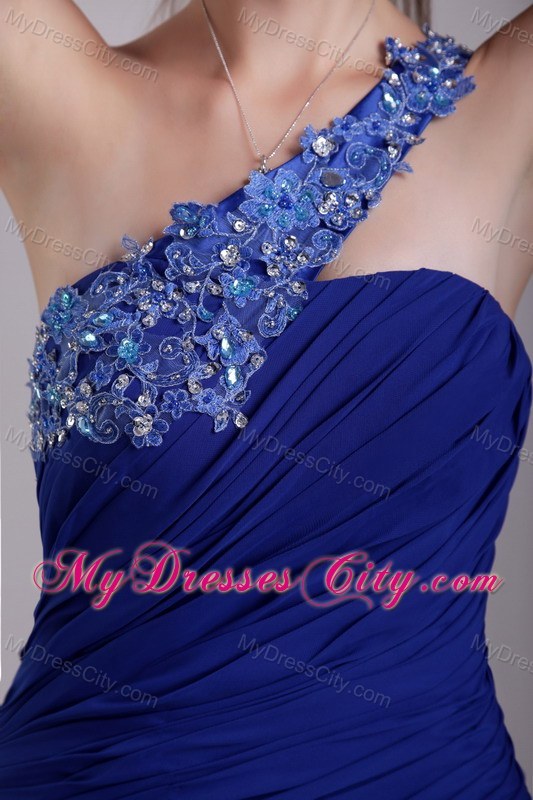 Latest Blue One Shoulder Appliques Pageant Dress with Beadings