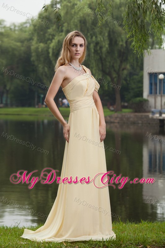 Light Yellow Empire One Shoulder Two Straps Chiffon Pageant Dress