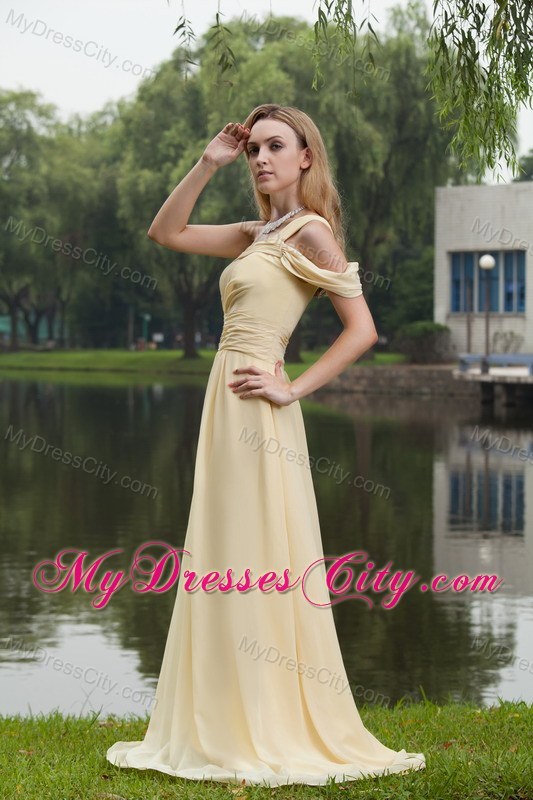 Light Yellow Empire One Shoulder Two Straps Chiffon Pageant Dress