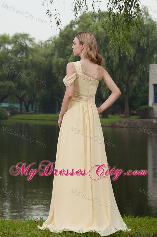 Light Yellow Empire One Shoulder Two Straps Chiffon Pageant Dress