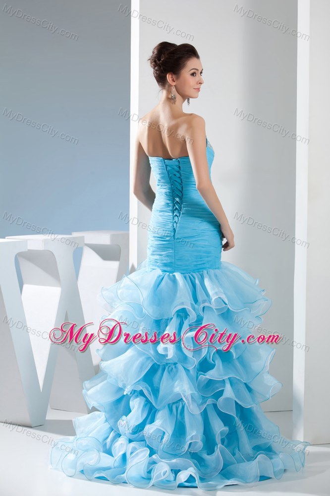 Two-tone Ruffle Layered Slit Mermaid Skirt Pageant Dress Beaded