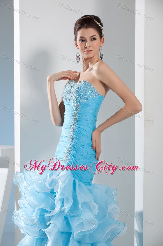 Two-tone Ruffle Layered Slit Mermaid Skirt Pageant Dress Beaded