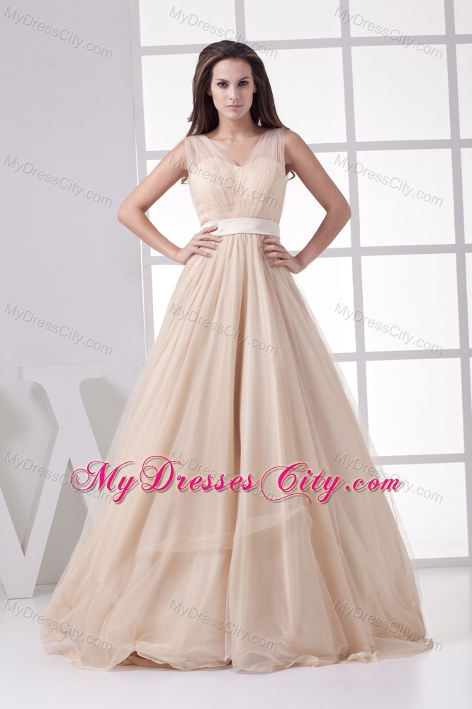 V-neck Sheer Champagne Tulle Overlaid Pageant Dress with Cool Back