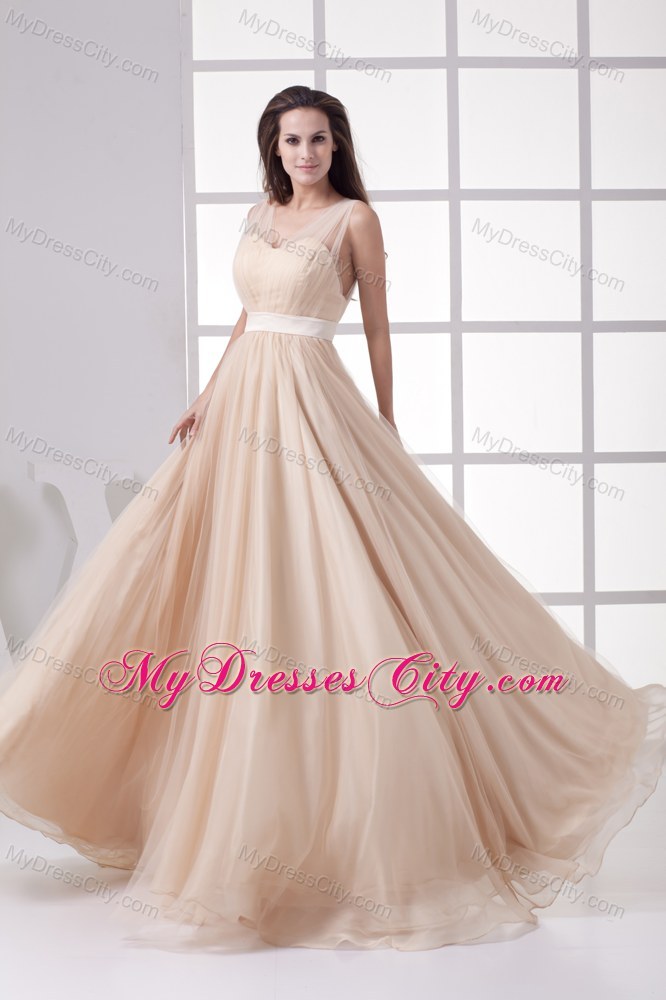 V-neck Sheer Champagne Tulle Overlaid Pageant Dress with Cool Back