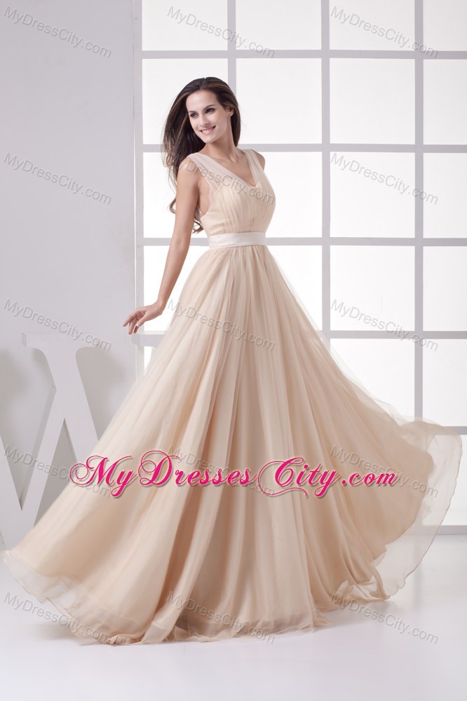 V-neck Sheer Champagne Tulle Overlaid Pageant Dress with Cool Back