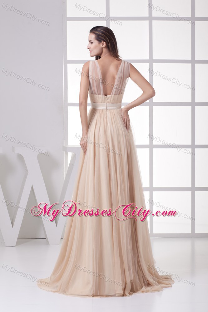 V-neck Sheer Champagne Tulle Overlaid Pageant Dress with Cool Back