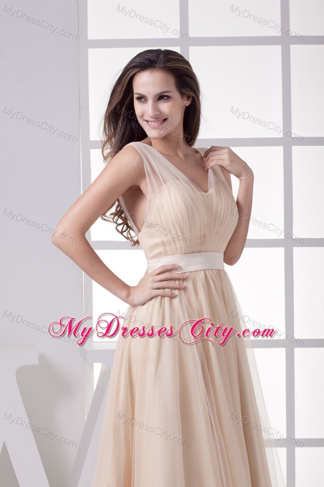 V-neck Sheer Champagne Tulle Overlaid Pageant Dress with Cool Back