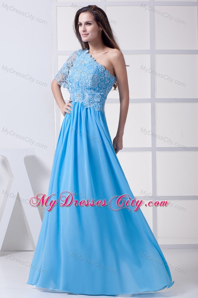 Lace Covered Bodice with One Shoulder Short Sleeve Pageant Dress