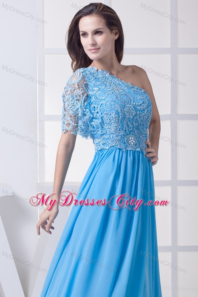 Lace Covered Bodice with One Shoulder Short Sleeve Pageant Dress