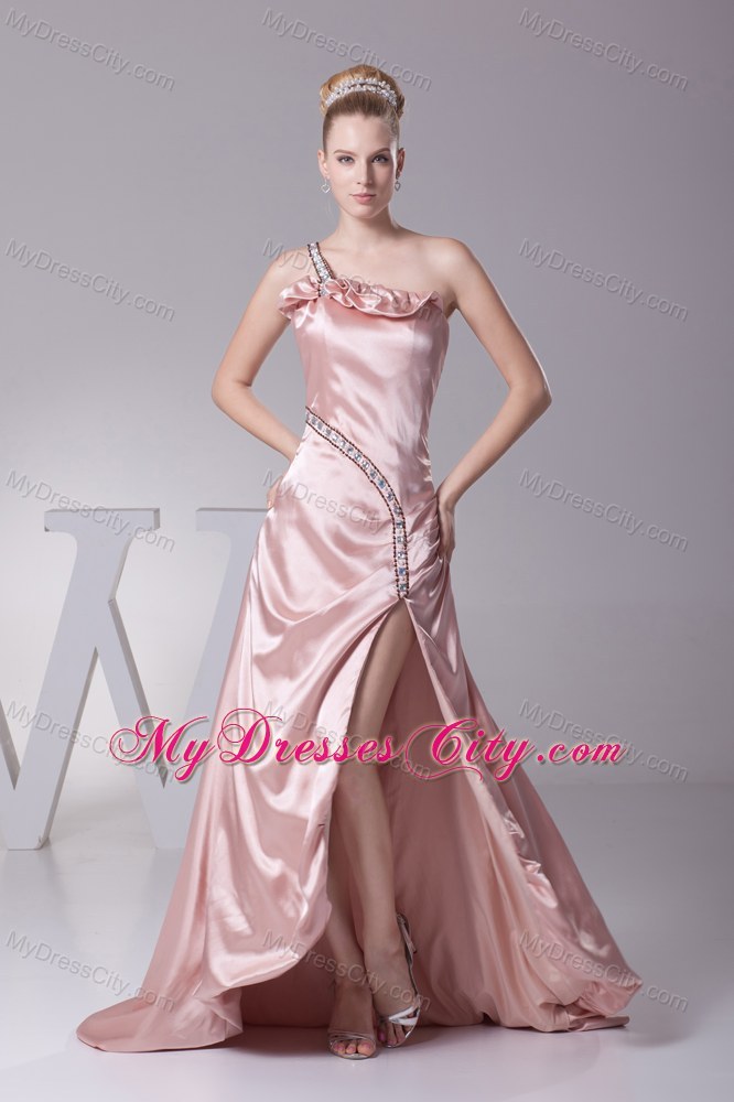 Blush Colored Jeweled One Shoulder Strap High Slit Pageant Dress