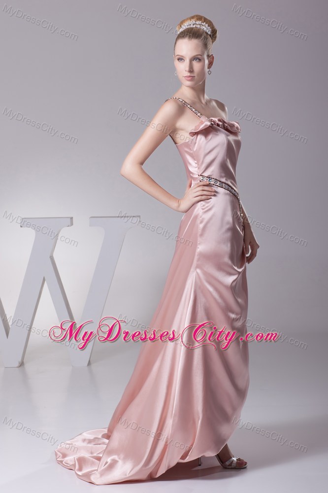 Blush Colored Jeweled One Shoulder Strap High Slit Pageant Dress