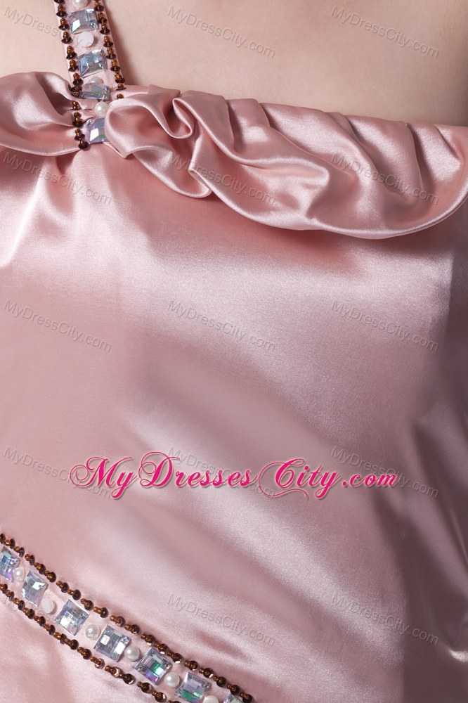 Blush Colored Jeweled One Shoulder Strap High Slit Pageant Dress