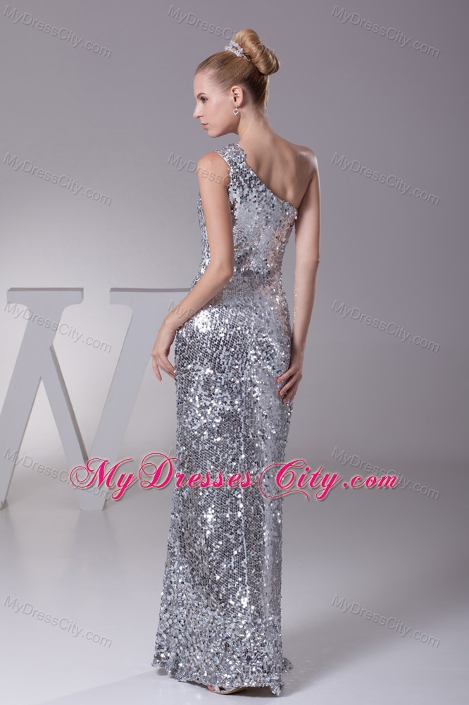 Silver Paillette Fabric One Shoulder Column Floor-length Pageant Dress