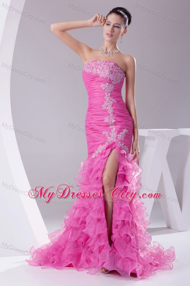 Rose Colored Dropped Waist Pageant Dress with Slit on Ruffled Layers Skirt