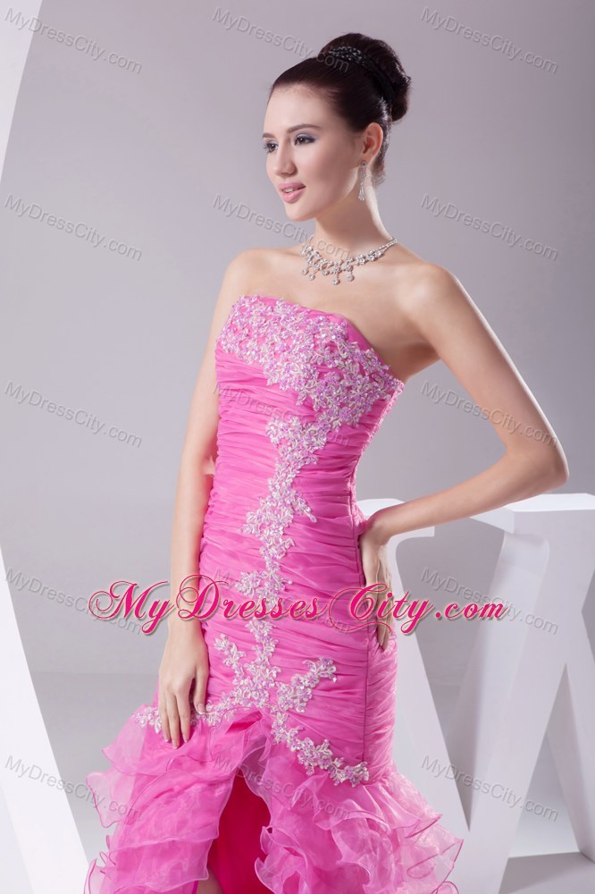 Rose Colored Dropped Waist Pageant Dress with Slit on Ruffled Layers Skirt