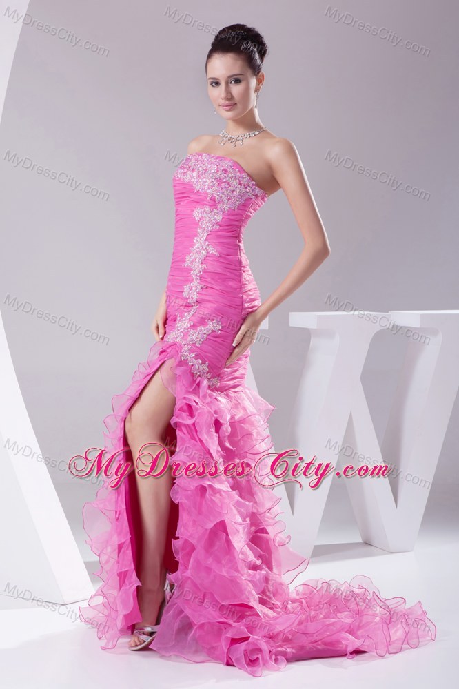 Rose Colored Dropped Waist Pageant Dress with Slit on Ruffled Layers Skirt