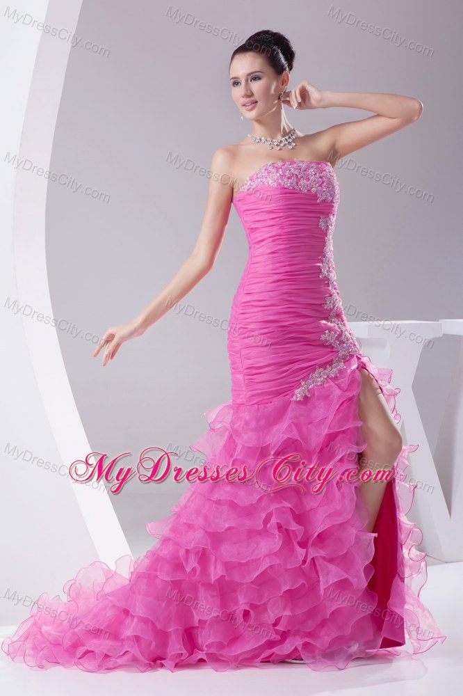 Rose Colored Dropped Waist Pageant Dress with Slit on Ruffled Layers Skirt