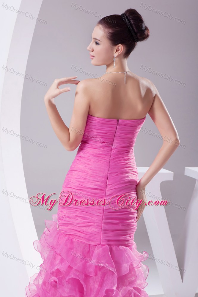 Rose Colored Dropped Waist Pageant Dress with Slit on Ruffled Layers Skirt