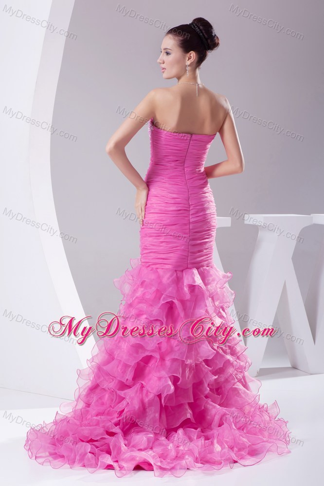 Rose Colored Dropped Waist Pageant Dress with Slit on Ruffled Layers Skirt