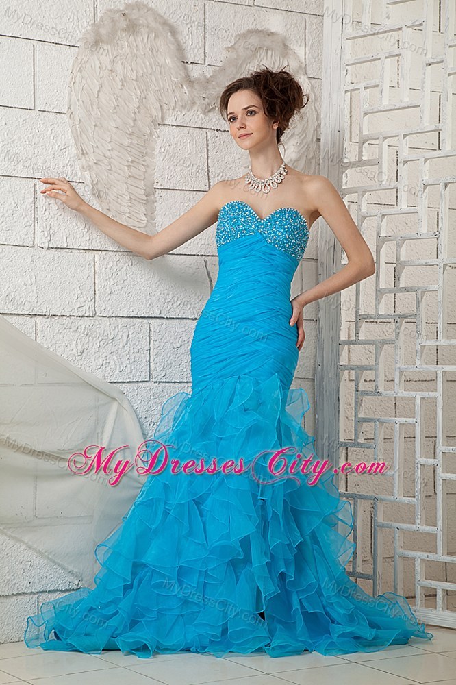 Brush Train Ruffled Mermaid Skirt Pageant Dress with Jeweled Ruching Bodice