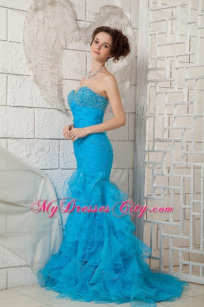 Brush Train Ruffled Mermaid Skirt Pageant Dress with Jeweled Ruching Bodice