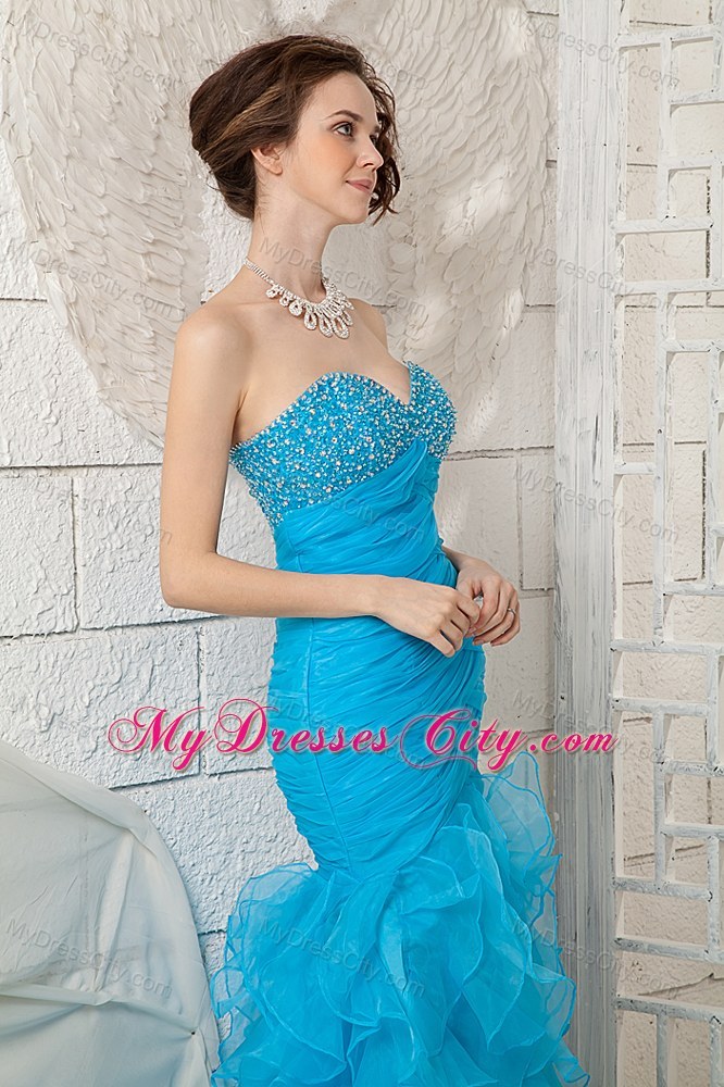 Brush Train Ruffled Mermaid Skirt Pageant Dress with Jeweled Ruching Bodice