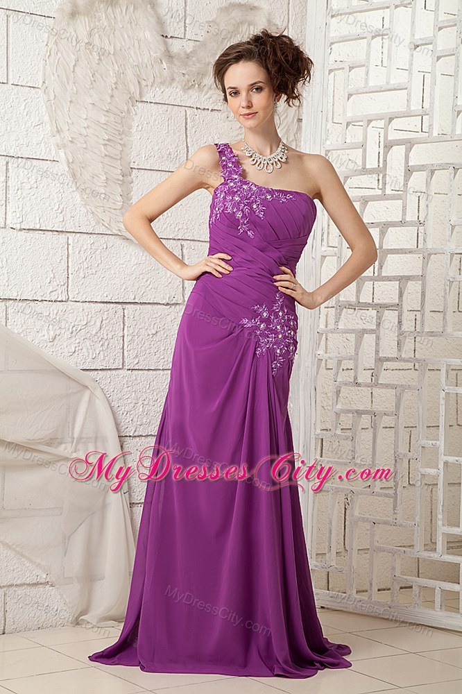 Floral Applique Decorate One Shoulder Ruched Bodice Pageant Dress