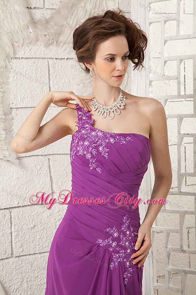 Floral Applique Decorate One Shoulder Ruched Bodice Pageant Dress