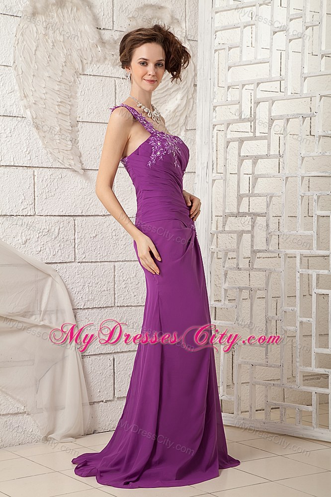 Floral Applique Decorate One Shoulder Ruched Bodice Pageant Dress