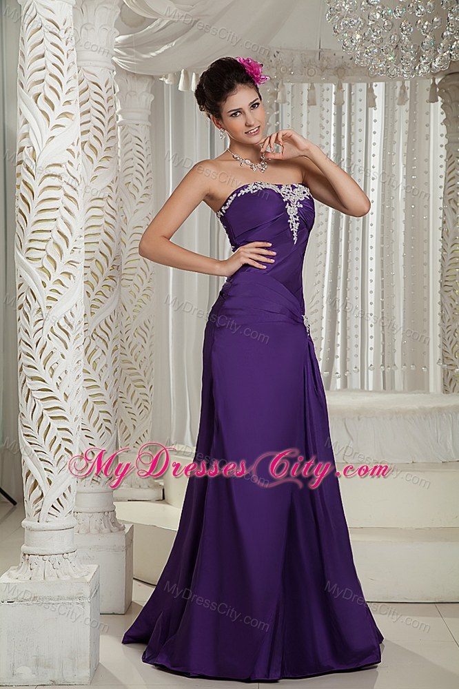 Customize Purple Column Prom Dress for Pageant Appliques Decorated