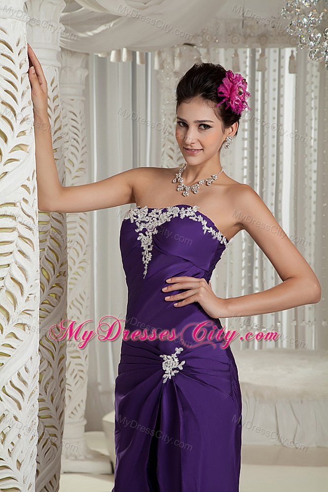 Customize Purple Column Prom Dress for Pageant Appliques Decorated