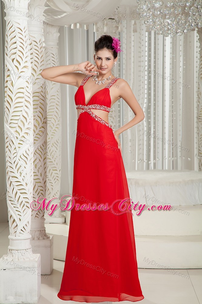 Sexy Jeweled Double Straps Red Pageant Dress with Stomach Cutout