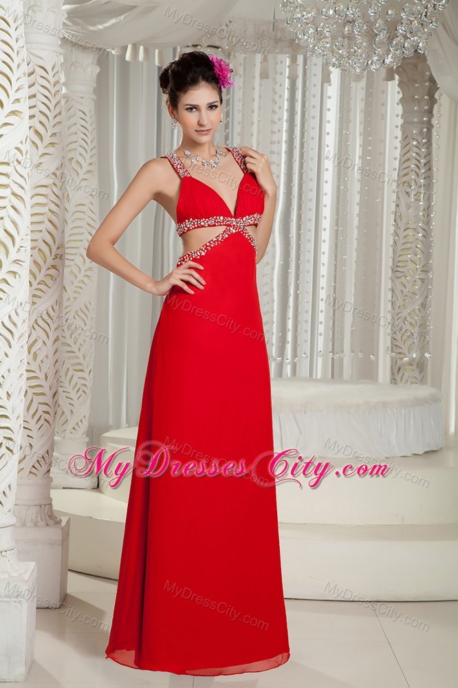 Sexy Jeweled Double Straps Red Pageant Dress with Stomach Cutout