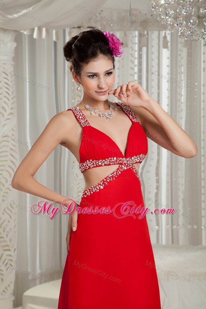 Sexy Jeweled Double Straps Red Pageant Dress with Stomach Cutout