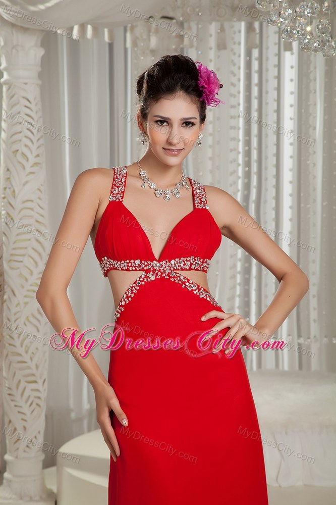 Sexy Jeweled Double Straps Red Pageant Dress with Stomach Cutout