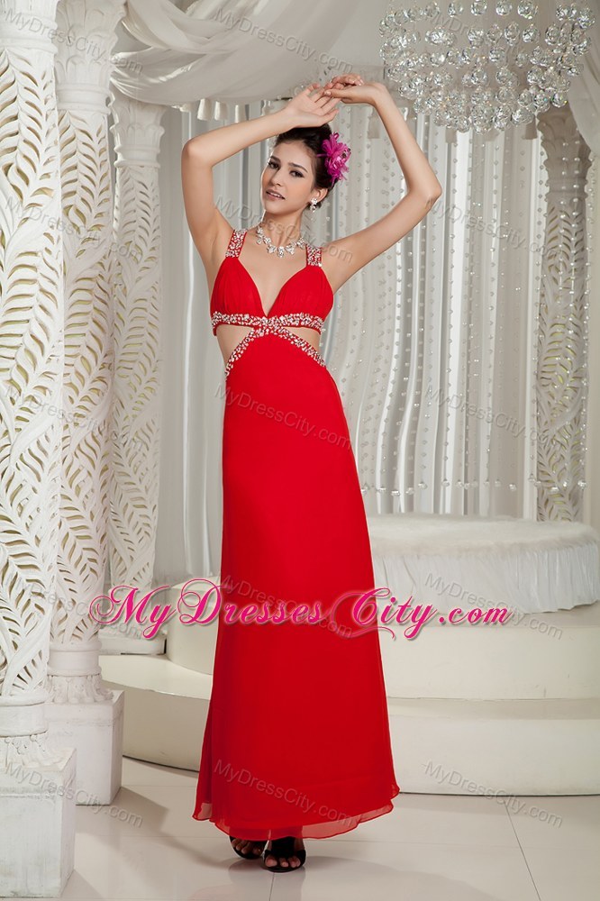 Sexy Jeweled Double Straps Red Pageant Dress with Stomach Cutout