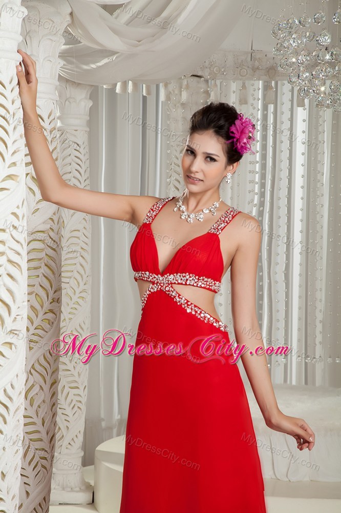 Sexy Jeweled Double Straps Red Pageant Dress with Stomach Cutout