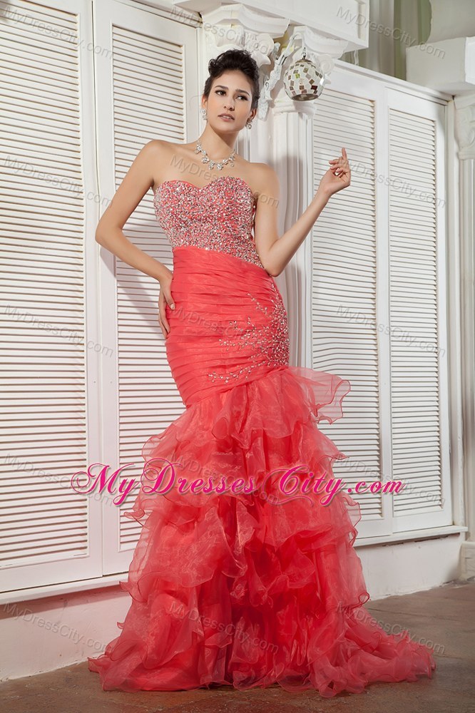 Unique Coral Red Ruffle Layered Asymmetric Skirt Pageant Dress