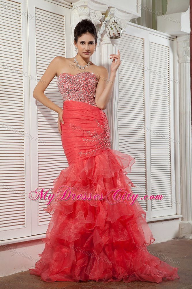 Unique Coral Red Ruffle Layered Asymmetric Skirt Pageant Dress