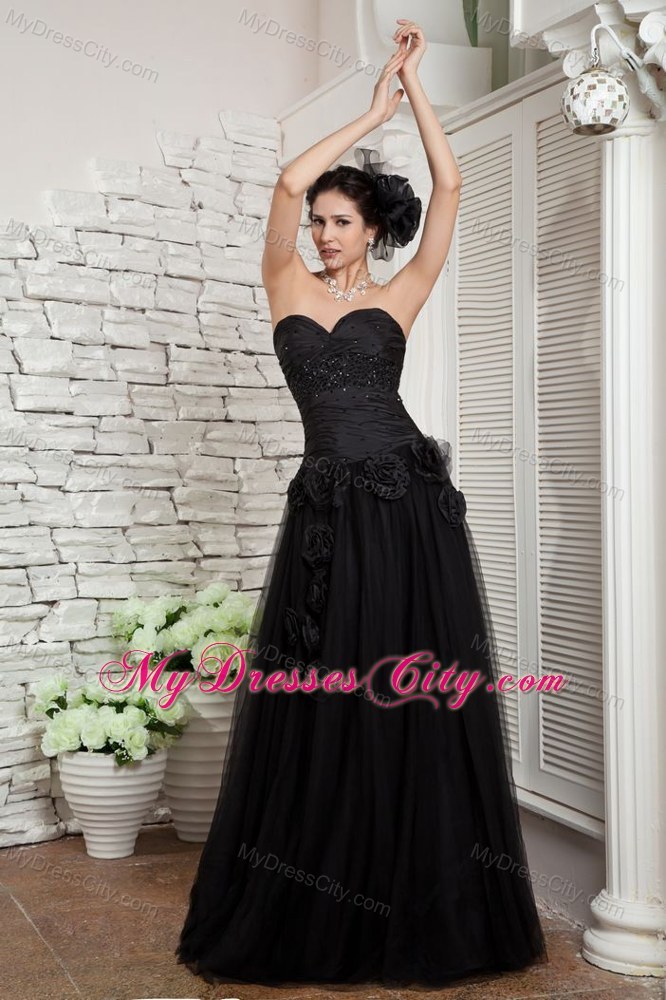 Hand Made Flower Decorate Black Long Tulle Skirt Pageant Dress