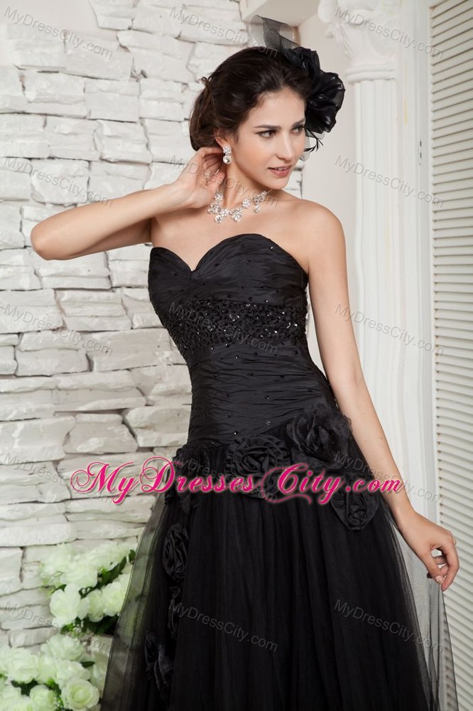 Hand Made Flower Decorate Black Long Tulle Skirt Pageant Dress