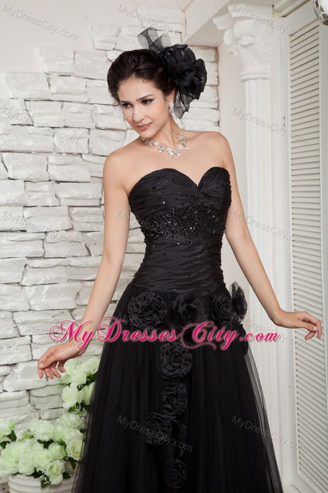 Hand Made Flower Decorate Black Long Tulle Skirt Pageant Dress