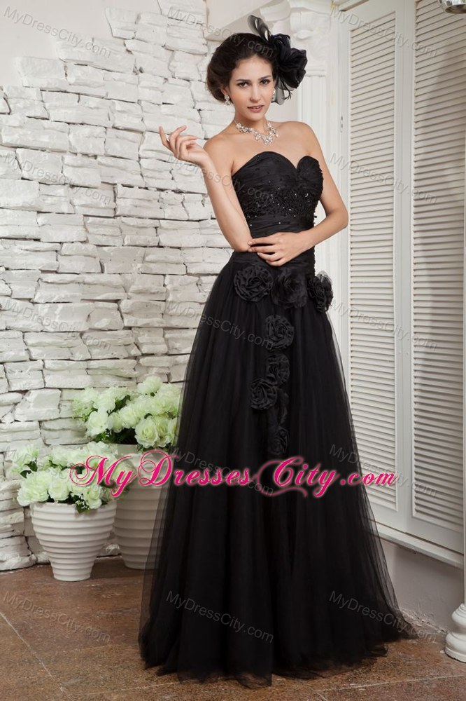 Hand Made Flower Decorate Black Long Tulle Skirt Pageant Dress