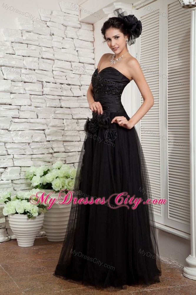 Hand Made Flower Decorate Black Long Tulle Skirt Pageant Dress