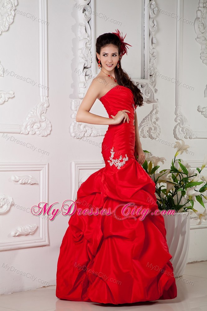 Red Organza Puffy Mermaid Skirt and Ruched Bodice Pageant Dress