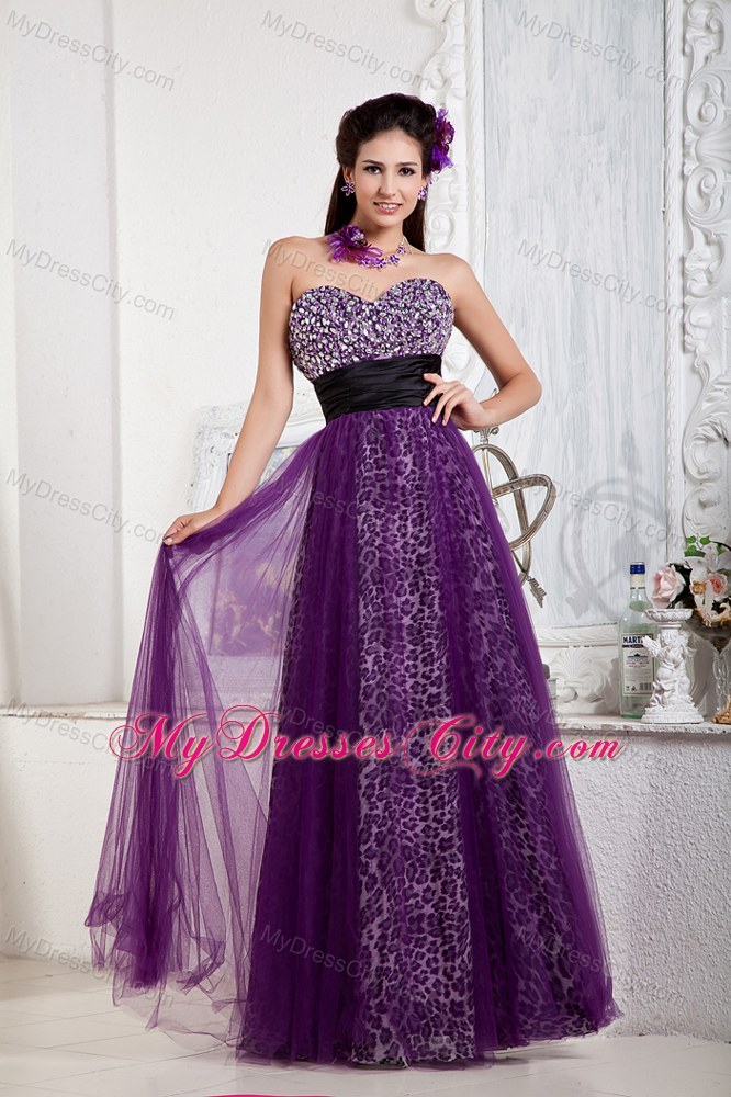 Beaded Sweetheart Leopard Pageant Gown Overlaid with Purple Tulle