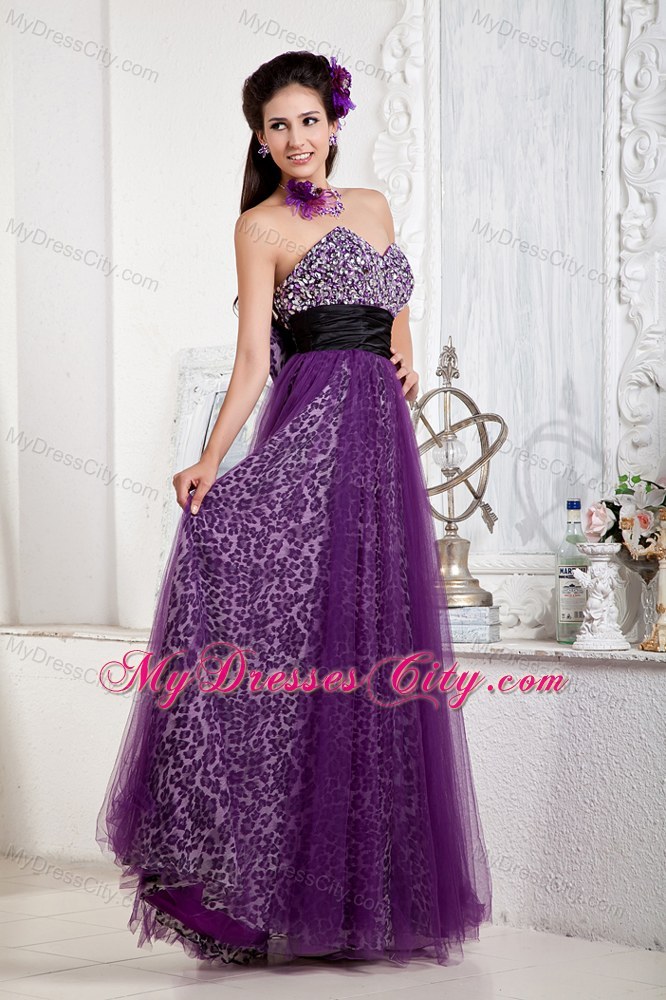 Beaded Sweetheart Leopard Pageant Gown Overlaid with Purple Tulle