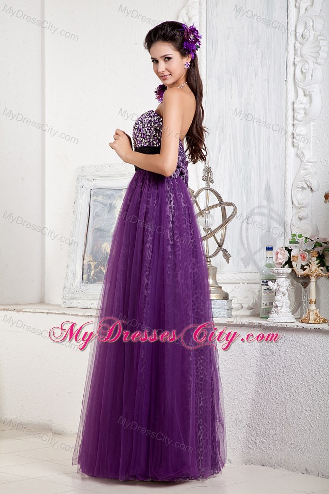 Beaded Sweetheart Leopard Pageant Gown Overlaid with Purple Tulle