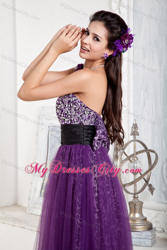 Beaded Sweetheart Leopard Pageant Gown Overlaid with Purple Tulle